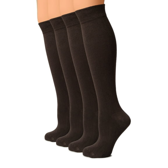 HUGH UGOLI Women Cotton Knee High Socks, Long Dress School Uniform Socks for Girls, Soft & Lightweight Boot Socks, Shoe Size: 5-8, Dark Brown, 4 Pairs