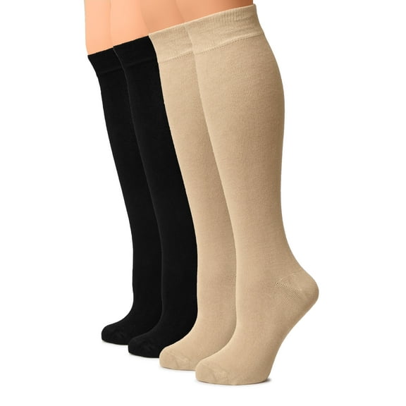 HUGH UGOLI Women Cotton Knee High Socks, Long Dress School Uniform Socks for Girls, Soft & Lightweight Boot Socks, Shoe Size: 5-8, Light Beige / Black, 4 Pairs