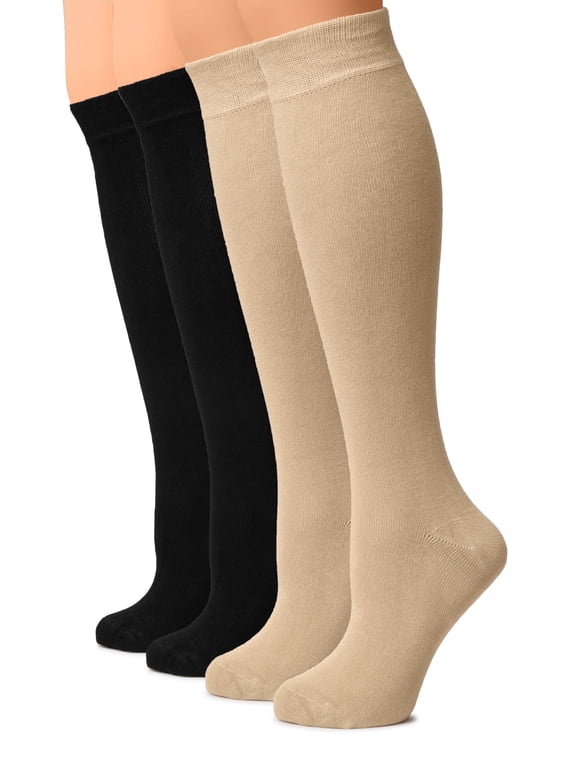 Women Cotton Knee High Socks, Long Dress School Uniform Socks for Girls, Soft & Lightweight Boot Socks, Shoe Size: 5-8, Light Beige / Black, 4 Pairs