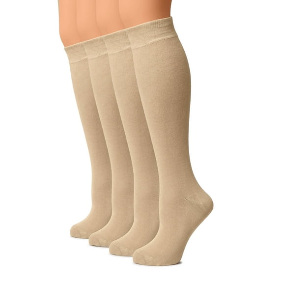 HUGH UGOLI Women Cotton Knee High Socks, Long Dress School Uniform Socks for Girls, Soft & Lightweight Boot Socks, Shoe Size: 5-8, Light Beige , 4 Pairs