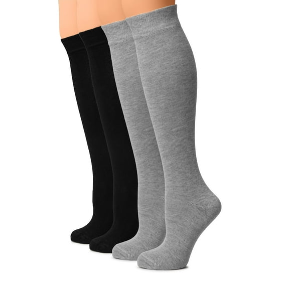 HUGH UGOLI Women Cotton Knee High Socks, Long Dress School Uniform Socks for Girls, Soft & Lightweight Boot Socks, Shoe Size: 5-8, Light Gray / Black, 4 Pairs