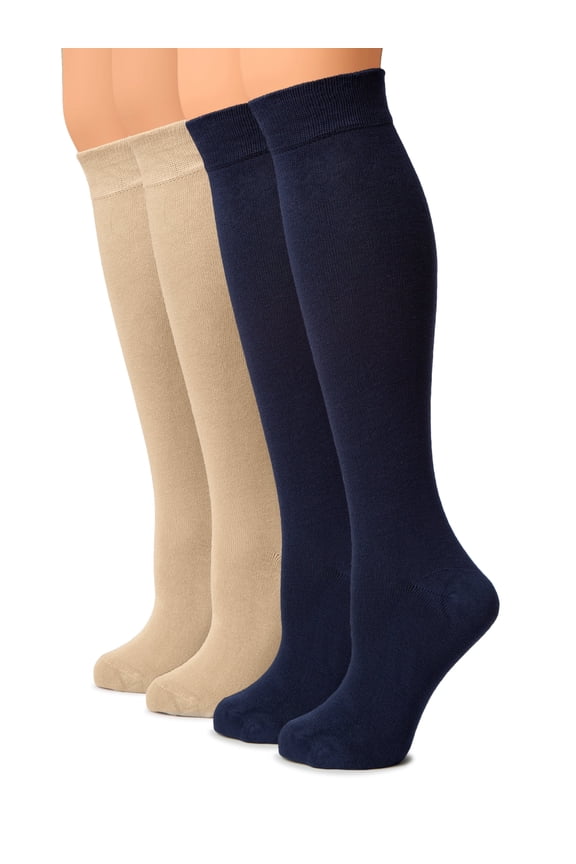 Women Cotton Knee High Socks, Long Dress School Uniform Socks for Girls, Soft & Lightweight Boot Socks, Shoe Size: 5-8, NBlue / Light Beige, 4 Pairs