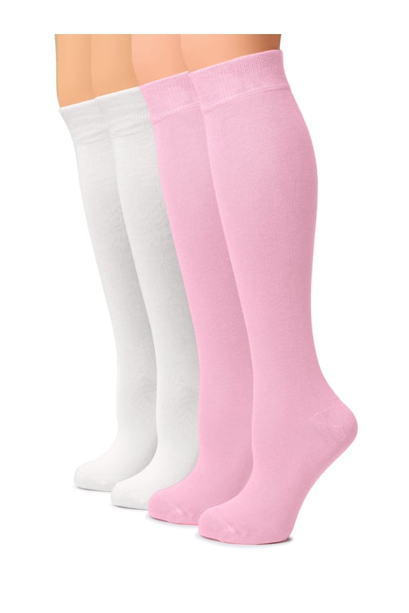 Women Cotton Knee High Socks, Long Dress School Uniform Socks for Girls, Soft & Lightweight Boot Socks, Shoe Size: 5-8, Pink / White, 4 Pairs
