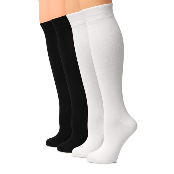 HUGH UGOLI Women Cotton Knee High Socks, Long Dress School Uniform Socks for Girls, Soft & Lightweight Boot Socks, Shoe Size: 5-8, White / Black, 4 Pairs
