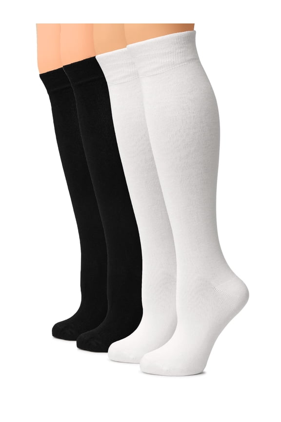Women Cotton Knee High Socks, Long Dress School Uniform Socks for Girls, Soft & Lightweight Boot Socks, Shoe Size: 5-8, White / Black, 4 Pairs
