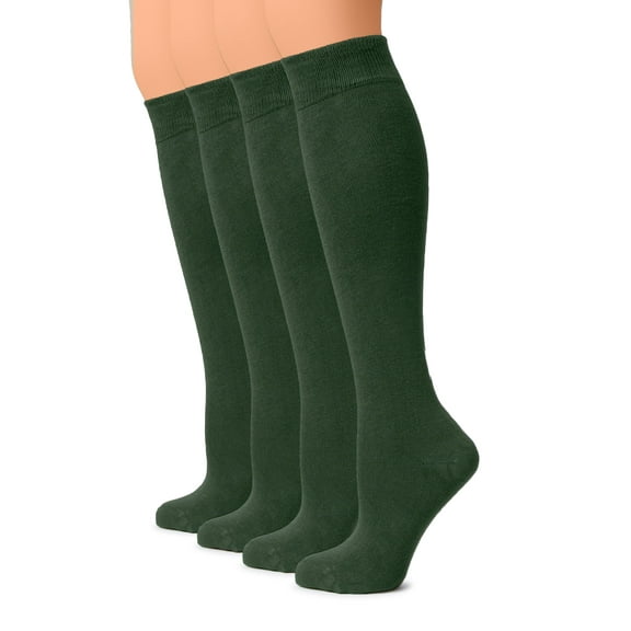 HUGH UGOLI Women Cotton Knee High Socks, Long Dress School Uniform Socks for Girls, Soft & Lightweight Boot Socks, Shoe Size: 8-11, Army Green , 4 Pairs