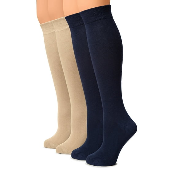 HUGH UGOLI Women Cotton Knee High Socks, Long Dress School Uniform Socks for Girls, Soft & Lightweight Boot Socks, Shoe Size: 8-11, NBlue / Light Beige, 4 Pairs