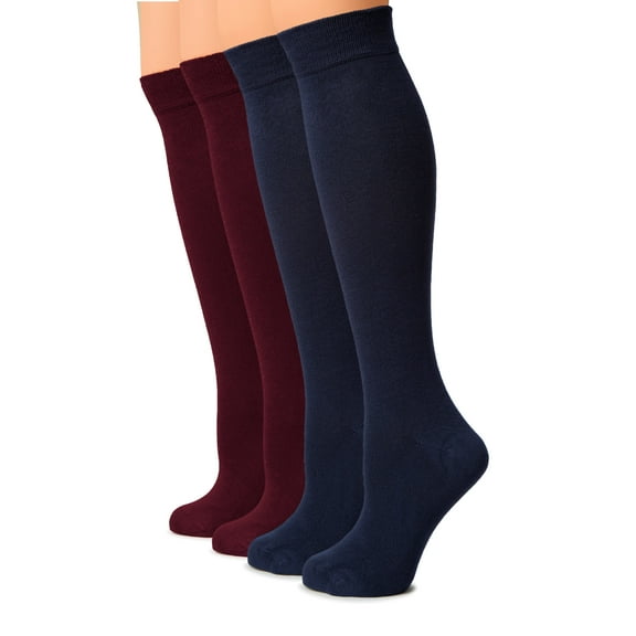 HUGH UGOLI Women Cotton Knee High Socks, Long Dress School Uniform Socks for Girls, Soft & Lightweight Boot Socks, Shoe Size: 8-11, Navy Blue / Burgundy, 4 Pairs
