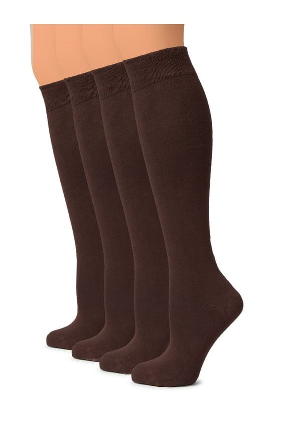 Women Cotton Knee High Socks, Long Dress School Uniform Socks for Girls, Soft & Lightweight Boot Socks, Shoe Size: 5-8, Brown, 4 Pairs