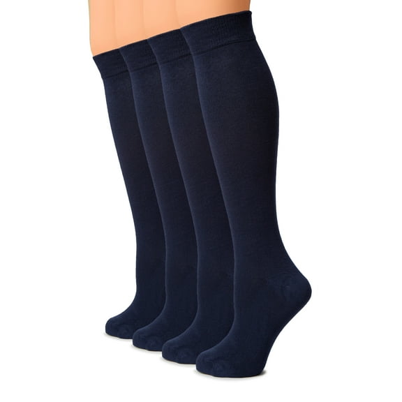HUGH UGOLI Women Cotton Knee High Socks, Long Dress School Uniform Socks for Girls, Soft & Lightweight Boot Socks, Shoe Size: 5-8, Navy Blue, 4 Pairs