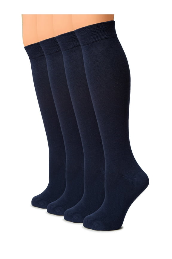 Women Cotton Knee High Socks, Long Dress School Uniform Socks for Girls, Soft & Lightweight Boot Socks, Shoe Size: 5-8, Navy Blue, 4 Pairs