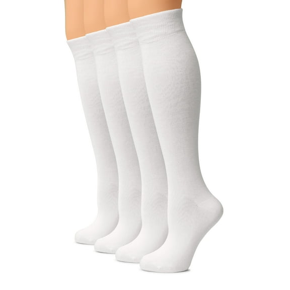 HUGH UGOLI Women Cotton Knee High Socks, Long Dress School Uniform Socks for Girls, Soft & Lightweight Boot Socks, Shoe Size: 5-8, White, 4 Pairs