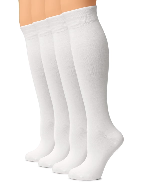 Women Cotton Knee High Socks, Long Dress School Uniform Socks for Girls, Soft & Lightweight Boot Socks, Shoe Size: 5-8, White, 4 Pairs