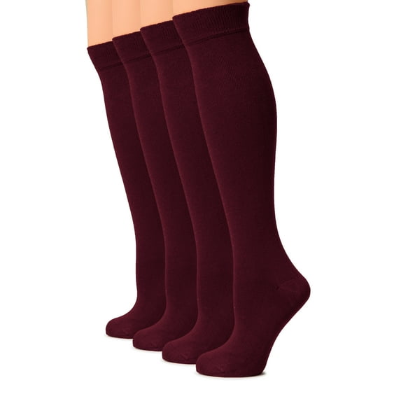 HUGH UGOLI Women Cotton Knee High Socks, Long Dress School Uniform Socks for Girls, Soft & Lightweight Boot Socks, Shoe Size: 8-11, Burgundy, 4 Pairs