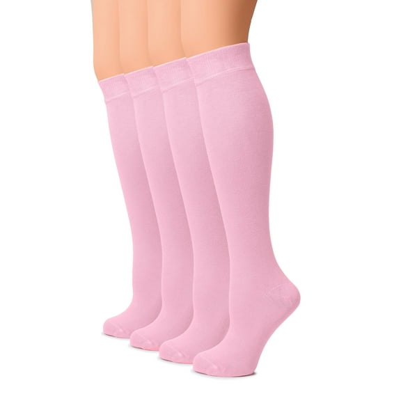 HUGH UGOLI Women Cotton Knee High Socks, Long Dress School Uniform Socks for Girls, Soft & Lightweight Boot Socks, Shoe Size: 8-11, Pink, 4 Pairs