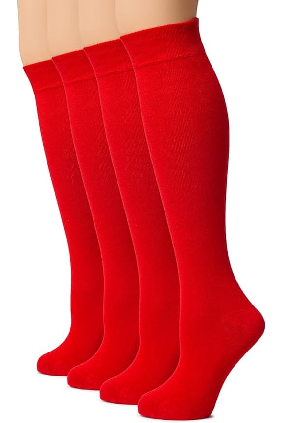 Women Cotton Knee High Socks, Long Dress School Uniform Socks for Girls, Soft & Lightweight Boot Socks, Shoe Size: 8-11, Red, 4 Pairs