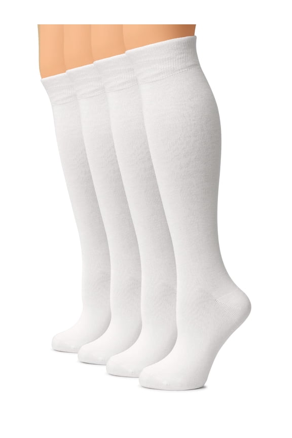 Women Cotton Knee High Socks, Long Dress School Uniform Socks for Girls, Soft & Lightweight Boot Socks, Shoe Size: 8-11, White, 4 Pairs