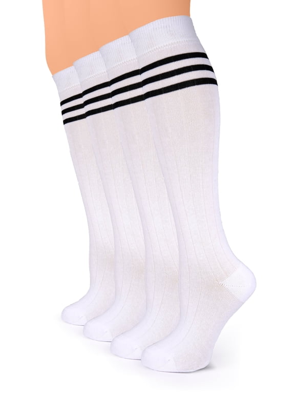 Women Cotton Knee High Socks with 3 Stripes, Long Dress School Uniform Socks for Girls, Boot Socks, Shoe Size 5-8, White, 4 Pairs