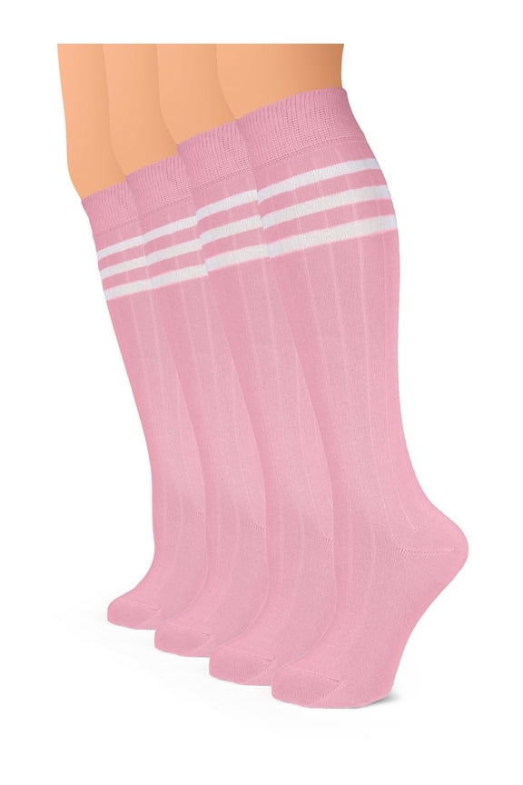 Women Cotton Knee High Socks with 3 Stripes, Long Dress School Uniform Socks for Girls, Boot Socks, Shoe Size 8-11, Pink, 4 Pairs