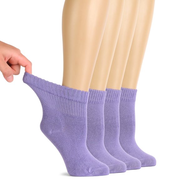 HUGH UGOLI Women Diabetic Ankle Socks, Super Soft & Thin Bamboo Socks, Wide & Loose, Non-Binding Top & Seamless Toe, 4 Pairs, Aster Purple, Shoe Size: 10-12