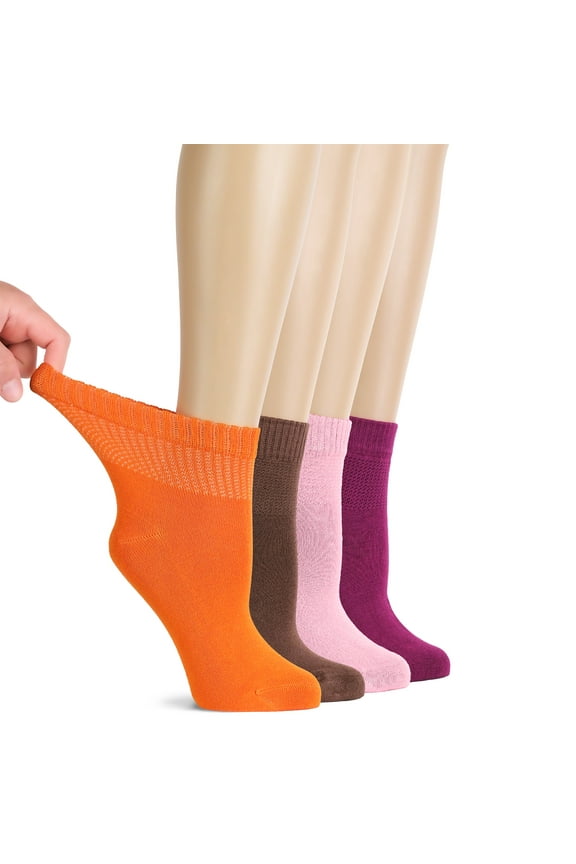 Women Diabetic Ankle Socks, Super Soft , Thin Bamboo Socks, Wide , Loose, Non-Binding Top , Seamless Toe, 4 Pairs, B.Curacao/L.Brown/Lilac/Fuchsia, Shoe Size: 6-9