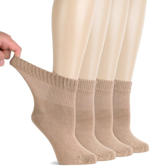HUGH UGOLI Women Diabetic Ankle Socks, Super Soft & Thin Bamboo Socks, Wide & Loose, Non-Binding Top & Seamless Toe, 4 Pairs, Beige, Shoe Size: 6-9