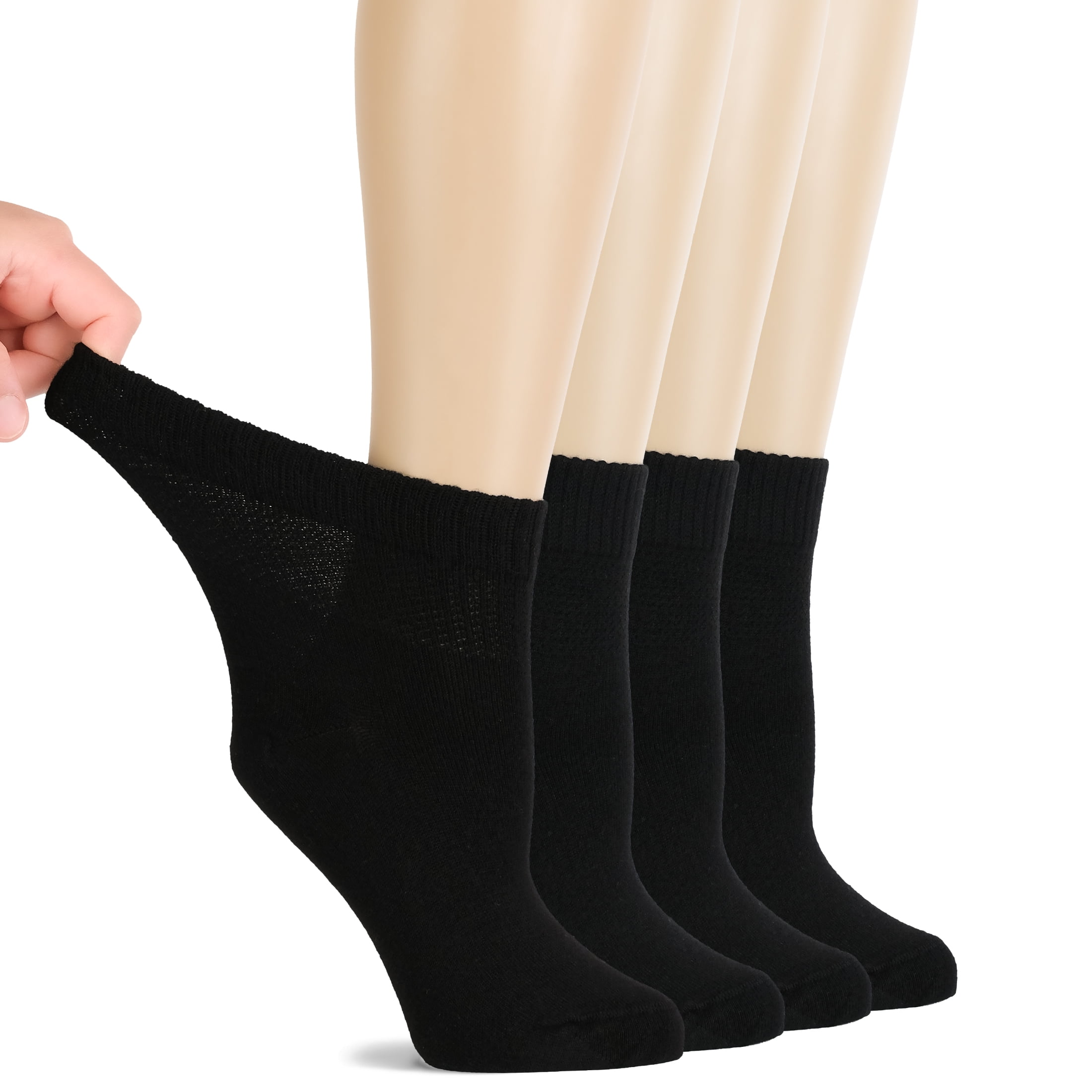 Hugh Ugoli Mid Ankle Diabetic Socks for Women, Soft Bamboo, Wide & Loose, Seamless Toe, 4 Pairs, Black
