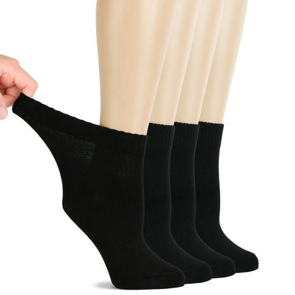 Hugh Ugoli Mid Ankle Diabetic Socks for Women, Soft Bamboo, Wide & Loose, Seamless Toe, 4 Pairs, Black