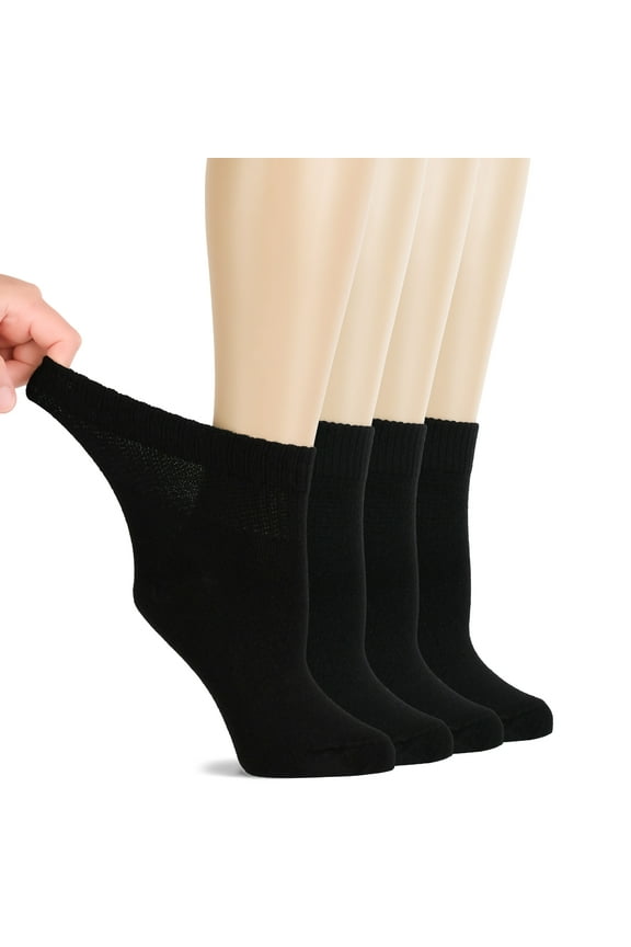 Mid Ankle Diabetic Socks for Women, Soft Bamboo, Wide & Loose, Seamless Toe, 4 Pairs, Black
