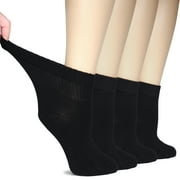 HUGH UGOLI Women Diabetic Ankle Socks, Super Soft & Thin Bamboo Socks, Wide & Loose, Non-Binding Top & Seamless Toe, 4 Pairs, Black, Shoe Size: 6-9