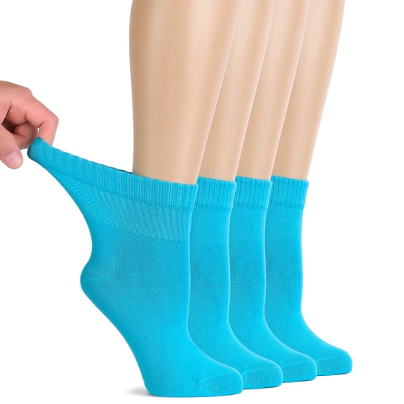 HUGH UGOLI Women Diabetic Ankle Socks, Super Soft & Thin Bamboo Socks, Wide & Loose, Non-Binding Top & Seamless Toe, 4 Pairs, Blue Curacao, Shoe Size: 6-9