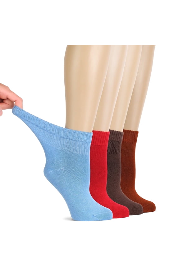 Women Diabetic Ankle Socks, Super Soft , Thin Bamboo Socks, Wide , Loose, Non-Binding Top , Seamless Toe, 4 Pairs,Blue/Red/Brown/B.Brown, Shoe Size: 10-12