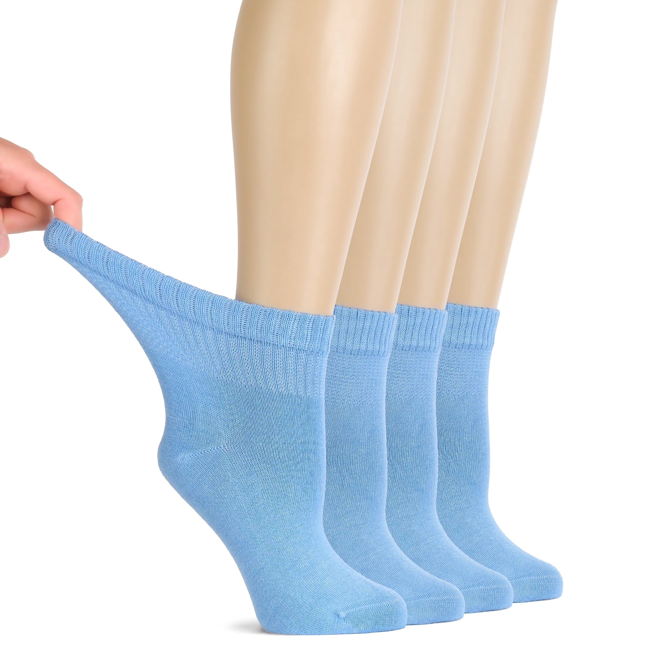 HUGH UGOLI Women Diabetic Ankle Socks, Super Soft & Thin Bamboo Socks, Wide & Loose, Non-Binding Top & Seamless Toe, 4 Pairs, Blue, Shoe Size: 10-12