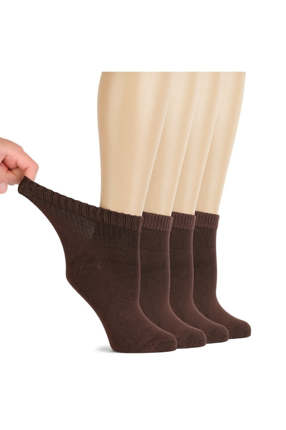 Women Diabetic Ankle Socks, Super Soft & Thin Bamboo Socks, Wide & Loose, Non-Binding Top & Seamless Toe, 4 Pairs, Brown, Shoe Size: 10-12