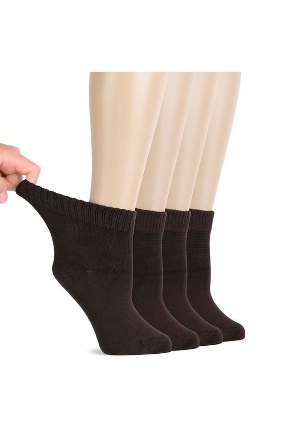 Women Diabetic Ankle Socks, Super Soft & Thin Bamboo Socks, Wide & Loose, Non-Binding Top & Seamless Toe, 4 Pairs, Dark Brown, Shoe Size: 6-9