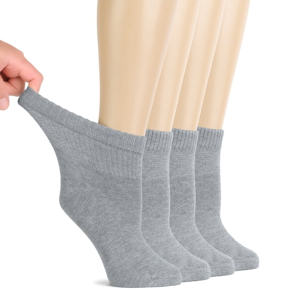 Hugh Ugoli Women Diabetic Ankle Socks, Super Soft & Thin Bamboo Socks, Wide & Loose, Non-Binding Top & Seamless Toe, 4 Pairs, Light Gray, Shoe Size: 10-12