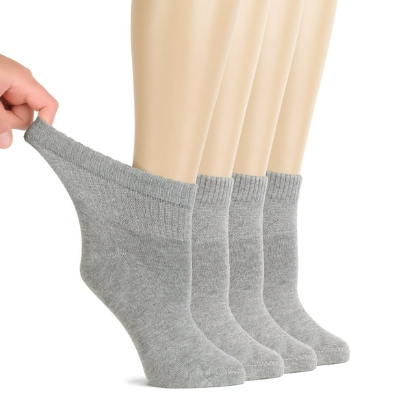 HUGH UGOLI Women Diabetic Ankle Socks, Super Soft & Thin Bamboo Socks, Wide & Loose, Non-Binding Top & Seamless Toe, 4 Pairs, Light Gray, Shoe Size: 10-12