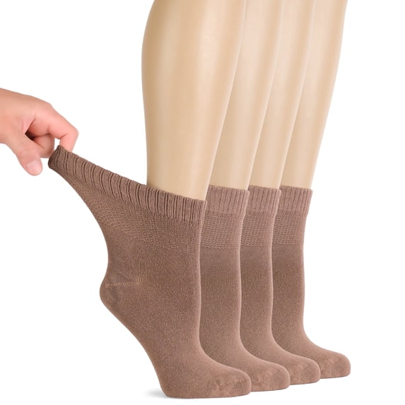 Hugh Ugoli Women Diabetic Ankle Socks, Super Soft & Thin Bamboo Socks, Wide & Loose, Non-Binding Top & Seamless Toe, 4 Pairs, Milk Coffee, Shoe Size: 10-12