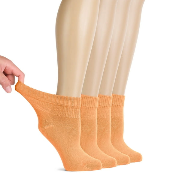 HUGH UGOLI Women Diabetic Ankle Socks, Super Soft & Thin Bamboo Socks, Wide & Loose, Non-Binding Top & Seamless Toe, 4 Pairs, Peach Orange, Shoe Size: 10-12