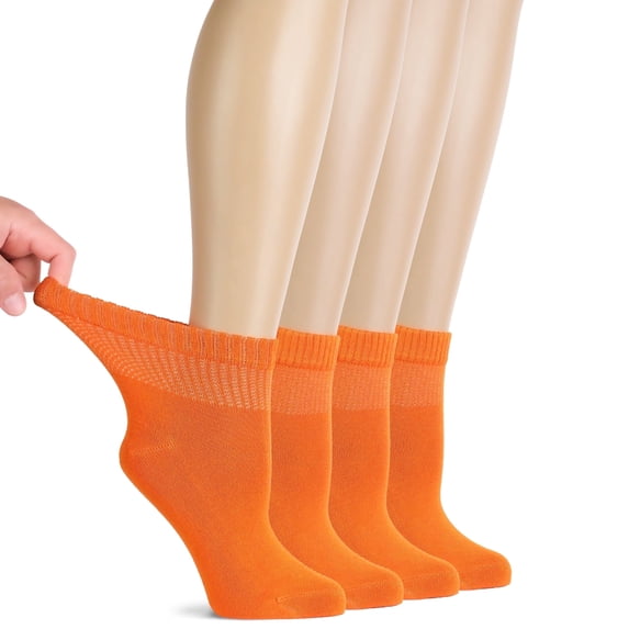 HUGH UGOLI Women Diabetic Ankle Socks, Super Soft & Thin Bamboo Socks, Wide & Loose, Non-Binding Top & Seamless Toe, 4 Pairs, Pumpkin Orange, Shoe Size: 10-12