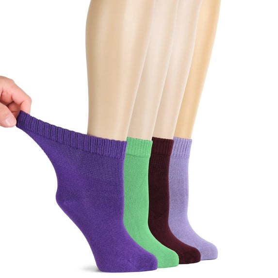 HUGH UGOLI Women Diabetic Ankle Socks, Super Soft , Thin Bamboo Socks, Wide , Loose, Non-Binding Top , Seamless Toe, 4 Pairs, Purple/Green/Burgundy/A.Purple, Shoe Size: 6-9