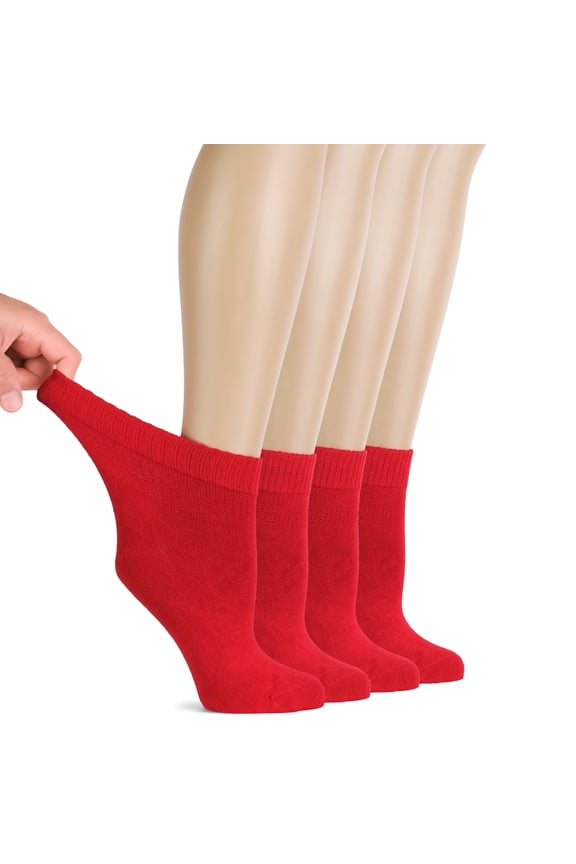 Women Diabetic Ankle Socks, Super Soft & Thin Bamboo Socks, Wide & Loose, Non-Binding Top & Seamless Toe, 4 Pairs, Red, Shoe Size: 6-9