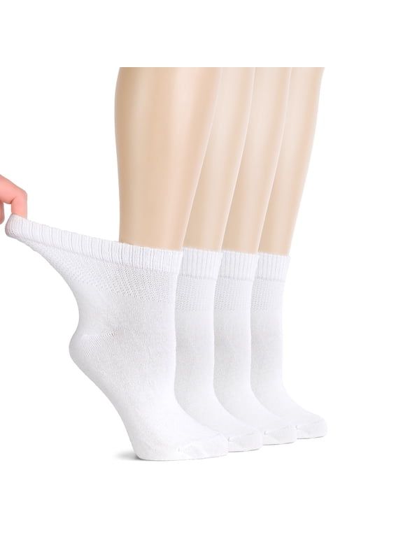 Women's Breathable Diabetic Ankle Socks, Non-Binding Top, Seamless Toe, 4 Pairs, White, Shoe Size 6-9