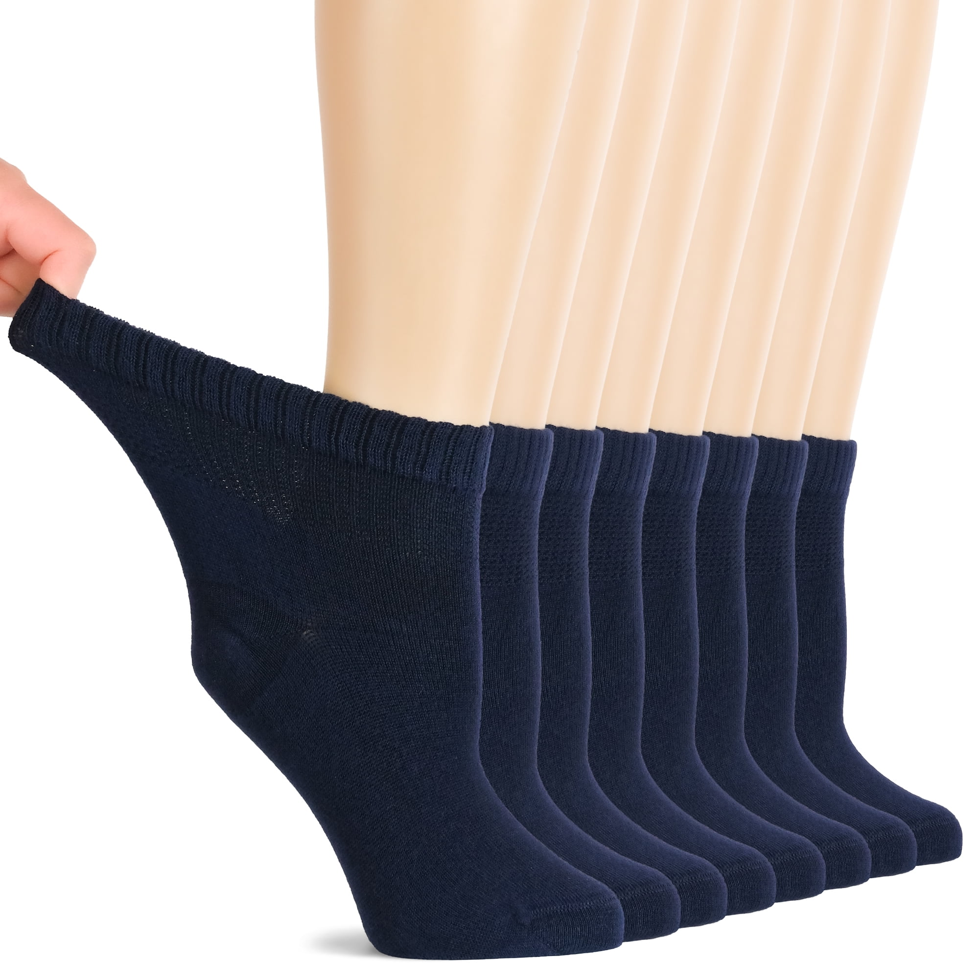 HUGH UGOLI Women Diabetic Ankle Socks, Super Soft & Thin Bamboo Socks, Wide & Loose, Non-Binding Top & Seamless Toe, 8 Pairs, Navy Blue, Shoe Size: 6-9