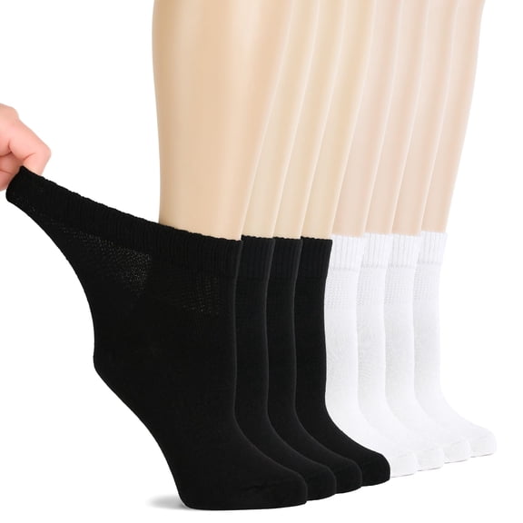 Hugh Ugoli Diabetic Socks for Women, Super Soft & Thin Ankle Socks, Wide & Loose, Non-Binding Top & Seamless Toe, 8 Pairs, White/Black, Shoe Size: 6-9