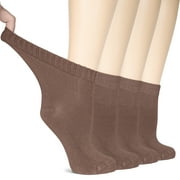 HUGH UGOLI Women Diabetic Ankle Socks, Super Soft & Thin Bamboo Socks, Wide & Loose, Non-Binding Top & Seamless Toe, 4 Pairs, Light Brown, Shoe Size: 10-12