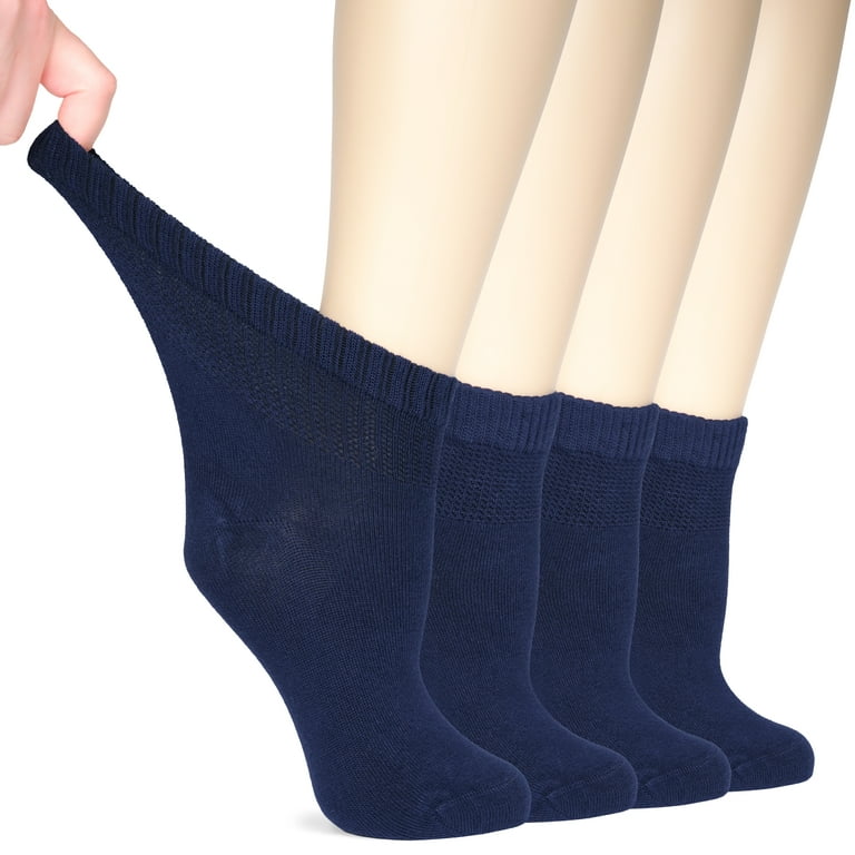 HUGH UGOLI Women Diabetic Ankle Socks, Super Soft & Thin Bamboo Socks, Wide  & Loose, Non-Binding Top & Seamless Toe, 4 Pairs, Navy Blue, Shoe Size:  10-12 