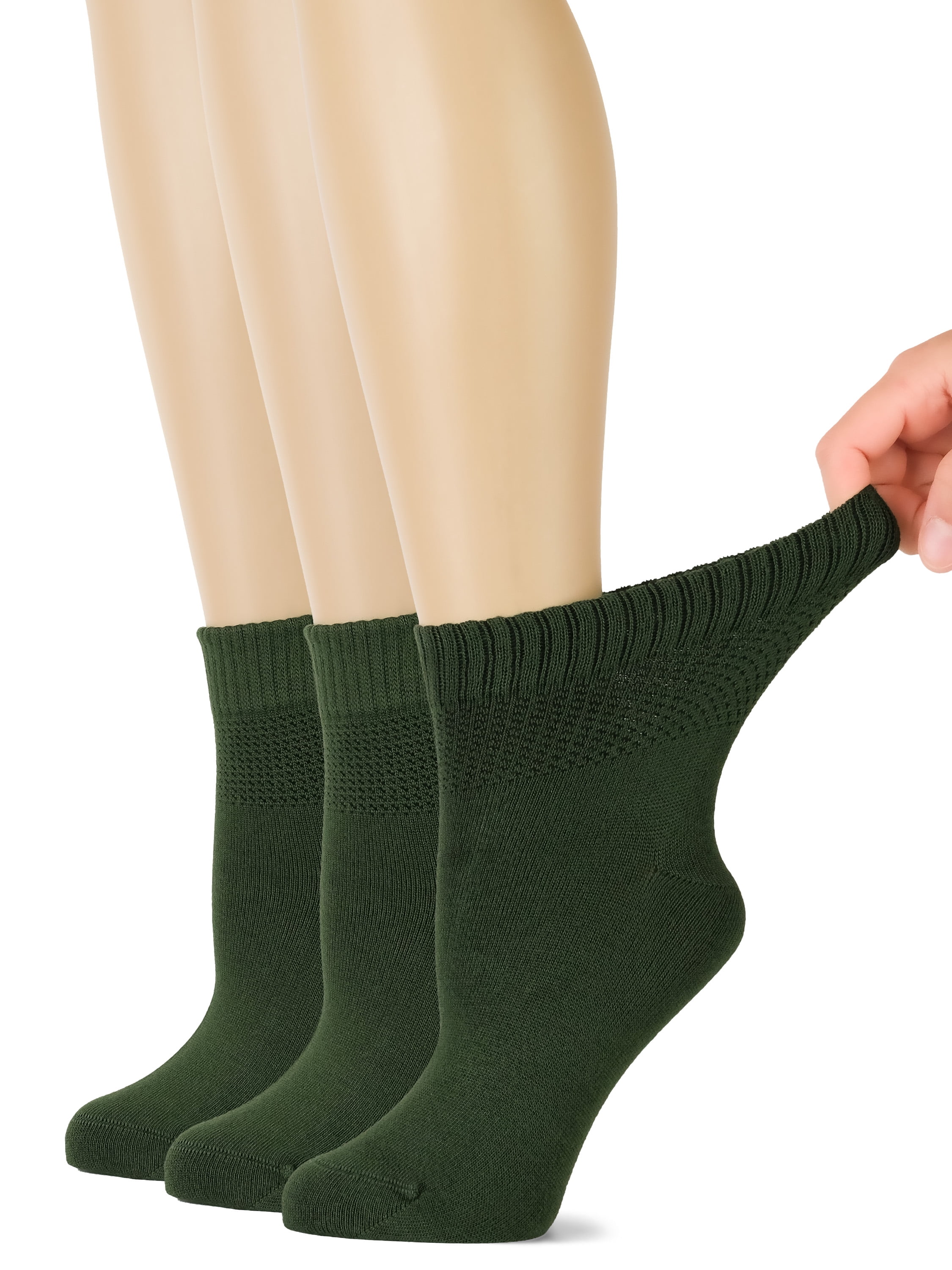 HUGH UGOLI Women's Bamboo Ankle Loose Fit Diabetic Socks, Soft, Seamless Toe, Wide Stretchy, Non-Binding Top, 3 Pairs, Army Green, Shoe Size: 10-12