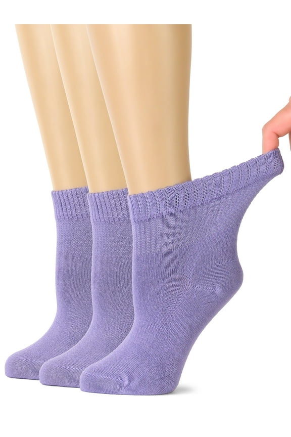 Women's Bamboo Ankle Socks, Diabetic-Friendly, Soft Seamless Toe, Non-Binding Top, 3 Pairs, Purple