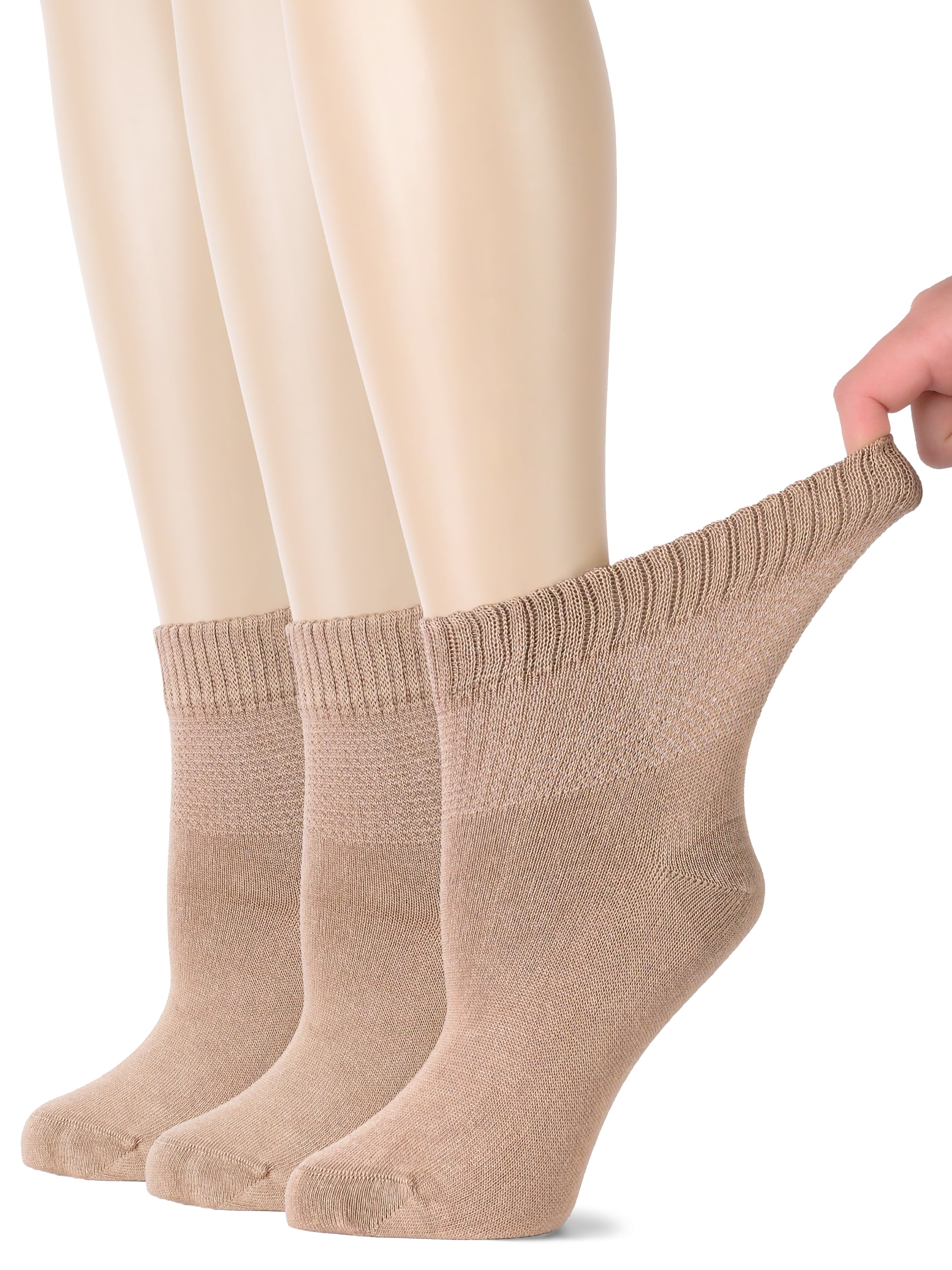 HUGH UGOLI Women's Bamboo Ankle Loose Fit Diabetic Socks, Soft, Seamless Toe, Wide Stretchy, Non-Binding Top, 3 Pairs, Beige, Shoe Size: 6-9
